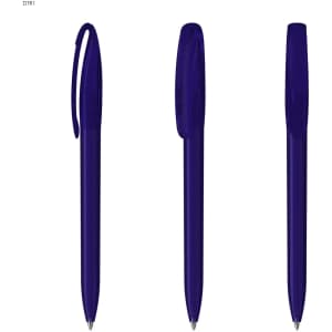 Three transparent plastic pens in a deep purple colour, featuring clips and smooth barrel designs.
