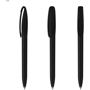 A set of black plastic pens with a clip and capped design, featuring a streamlined shape.