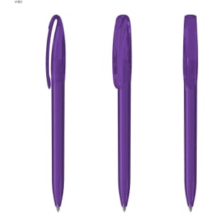 Three purple plastic pens with transparent bodies and clip tops, featuring a sleek design.