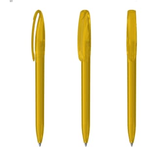 A set of transparent yellow plastic pens with clip and retractable tips, featuring a logo.