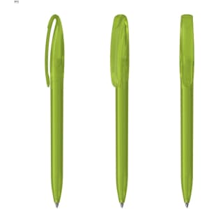Three plastic pens in a vibrant green colour, each featuring a clip and a sleek design. The pens have a logo.