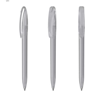 A set of transparent plastic pens in various orientations, featuring a clip and a sleek design.