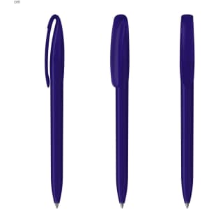 A set of three purple plastic pens with a cap and a clip, featuring a simple design and shiny finish.