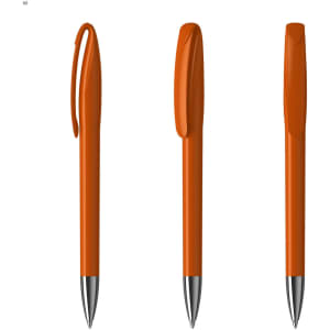 An orange plastic pen with a clip and a shiny silver tip, shown from three angles. It features a logo.