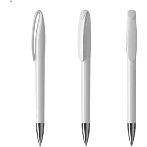 A set of three white plastic pens with silver tips and a simple design, featuring a logo on one pen.