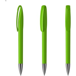 A green plastic pen with a sleek design and a clip, showcasing three angles of the product.