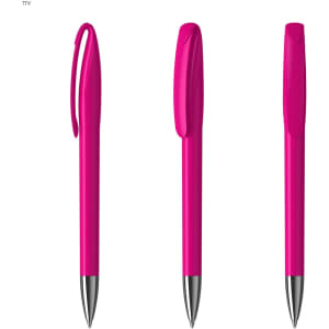 A pink plastic pen with a sleek design and a clip, featuring a shiny metallic tip.