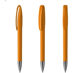 An orange plastic pen with a sleek design, featuring a clip and silver accents. The pen has a smooth finish and modern styling.