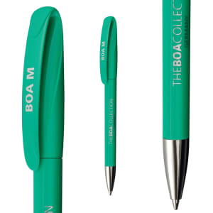 A plastic pen in a vibrant turquoise colour featuring a silver tip and a clip. It includes a logo.