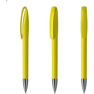 A yellow plastic pen with a sleek design and a clip for attachment, featuring a silver nib.