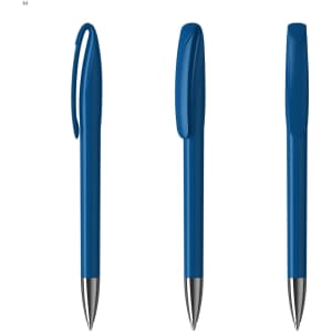 A blue plastic pen with a smooth grip and a chrome tip, featuring a clip and a rounded cap.