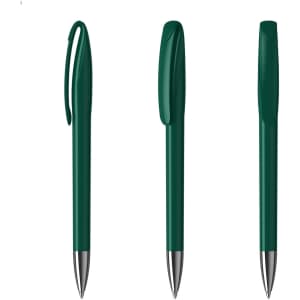 A set of green plastic pens with a clip and a smooth barrel design, featuring a metallic tip.