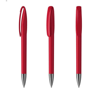A set of three red plastic pens with a sleek design and a clip for easy attachment. Each pen has a shiny silver tip.
