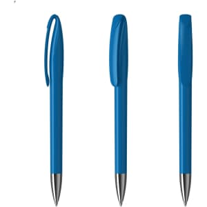 A plastic pen in blue with a sleek design and a silver tip, featuring a branding logo.