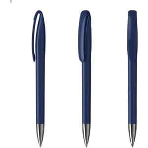 A blue plastic pen with a clip, featuring a smooth design and metallic tip, shown from multiple angles.
