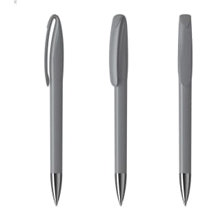 A grey plastic pen with a smooth design and chrome tip, featuring a clip and a logo.