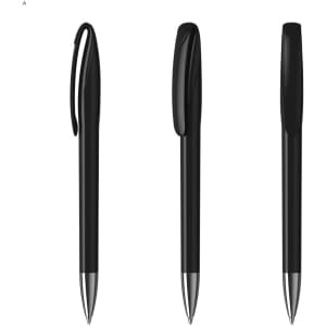 A set of three black plastic pens with silver tips and streamlined designs. Each pen has a clip for convenience.