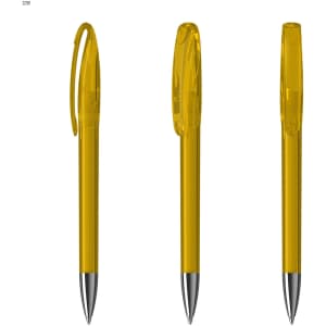 A transparent yellow plastic pen with a clear cap and a silver nib. Features a logo on the side.