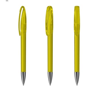 Three transparent yellow plastic pens with silver tips, featuring a clip for convenient attachment.