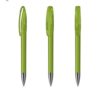 A series of transparent green plastic pens with a clip and silver accents. The pens are arranged in different orientations.