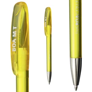 A yellow transparent plastic pen with a silver tip and an embedded logo.