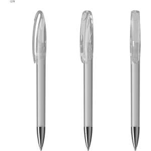 Three transparent plastic pens with clear barrels and black tips, featuring a clip on the top.