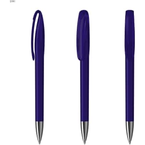 A purple plastic pen with a sleek design and chrome tip, featuring a clip and a smooth finish.