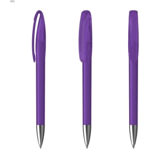 A plastic pen in vibrant purple, featuring a clip and a smooth pen tip. The pen has a simple design and a branding logo.
