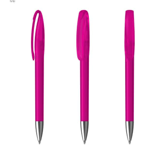A pink plastic pen featuring a clear cap and a silver tip, capturing multiple angles. It has a logo.