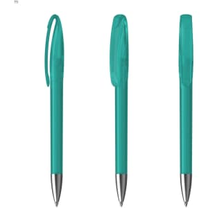 A set of turquoise plastic pens with silver tips and transparent caps, featuring a logo on the side.