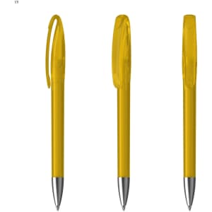 A set of yellow plastic pens with a clear grip and silver metal clip. Each pen features a smooth barrel design.