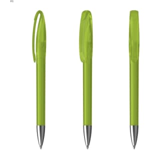 A set of green plastic pens with transparent caps and silver nibs, featuring a logo on each pen.