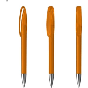 A set of three orange plastic pens with silver tips and a clip for easy attachment. Each pen has a transparent barrel.