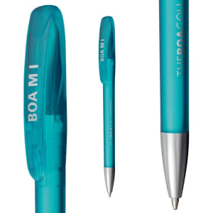 A plastic pen in a bright turquoise colour with a silver tip and clip, featuring a logo.
