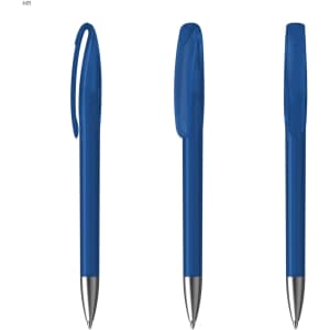 A blue plastic pen featuring a cap and a silver tip, displayed from multiple angles. The pen has a logo.