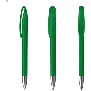 A green plastic pen with a clip and a silver tip, displayed from three different angles.