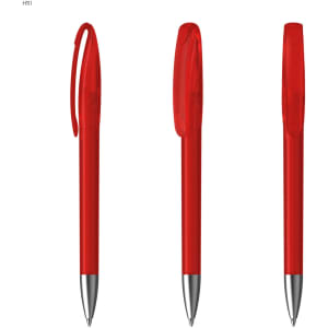 A red plastic pen with a clear grip and silver metal tip, featuring a logo on its side.