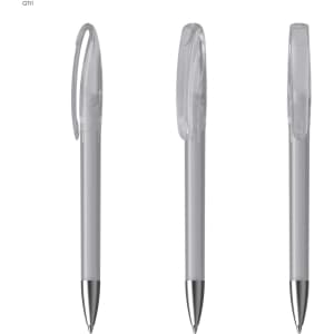 A set of three clear plastic pens with silver accents and clip attachments. Each pen is displayed from different angles.