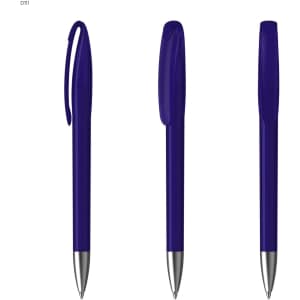 A set of blue plastic pens with a clip and smooth silver tips, featuring a branding logo.