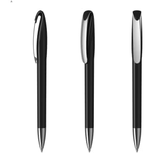 A set of three black plastic pens with silver accents and a clip. The pens have a sleek, modern design.