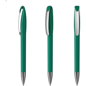 A set of green plastic pens with a sleek design and metallic accents, featuring a clip on one side.