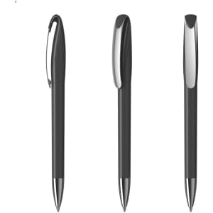 A set of black plastic pens with chrome accents, featuring a sleek design and a clip on each pen.