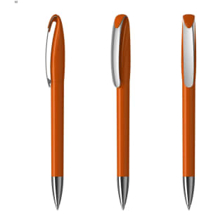 An orange plastic pen with a silver clip and tip, displayed from three angles, featuring a simple design.