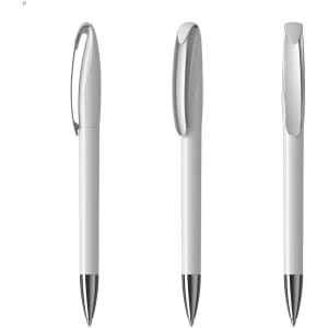 A set of three white plastic pens with silver accents. Each pen features a sleek design and a clip.