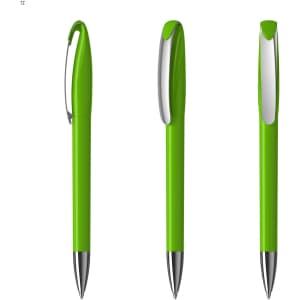 A green plastic pen with a silver clip, featuring a smooth, sleek design from multiple angles.