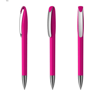 A pink plastic pen with a sleek design, featuring a chrome clip and tip, displayed from three angles.