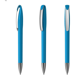 A blue plastic pen with a shiny silver clip and tip, displayed from three angles. Features a logo.