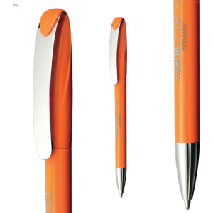 An orange plastic pen with a silver clip and trim, featuring a branding logo.