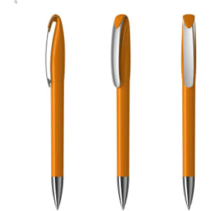 An orange plastic pen with a silver clip, featuring a sleek design. Multiple angles are displayed.