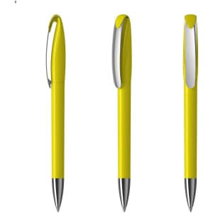 Three yellow plastic pens with a silver clip, featuring a sleek design and a glossy finish.